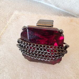 Statement Stretch Ring Deep Red Faceted Stone Gunmetal Chain Wrap Gothic Bold